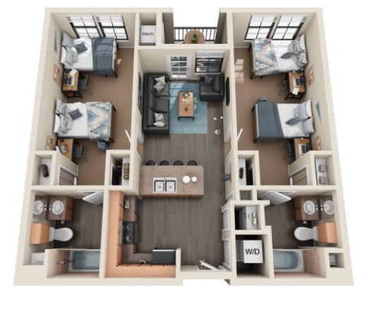2BR / 2 BA  Apartment (2-4 tenants)